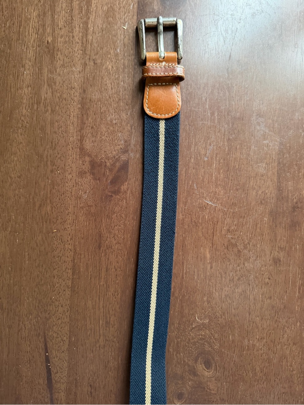 L.L. Bean Navy and Tan Striped Canvas Belt with Leather Trim